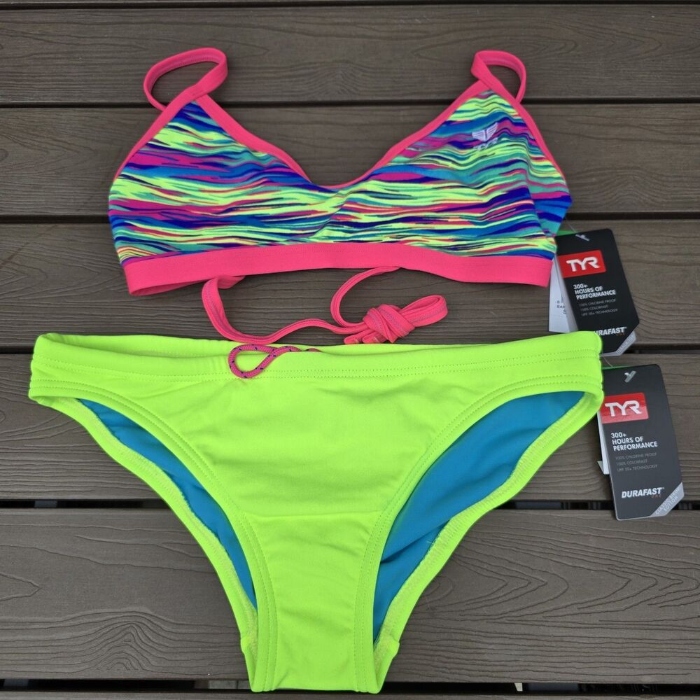 TYR Women's Bonzai Blue/neon Tieback Workout Bikini Classic Bottom Size L NEW